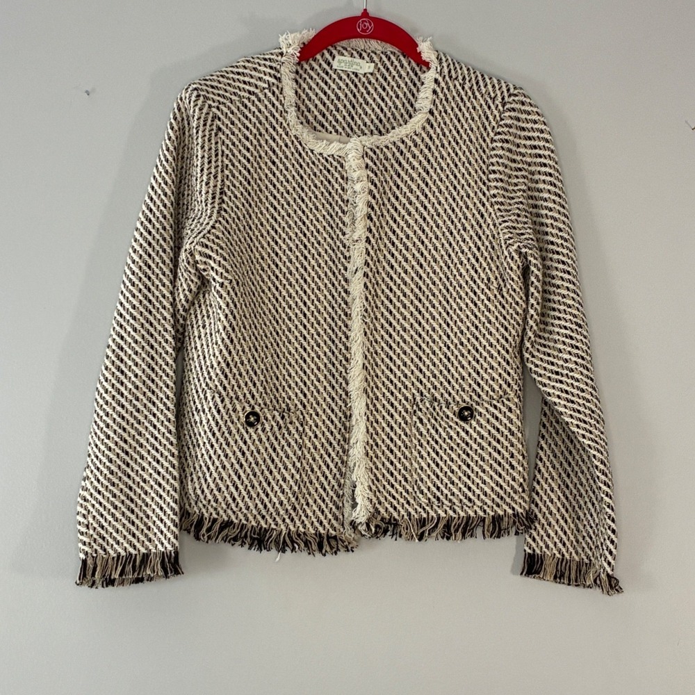 Spartina 449 Womens Tweed Fringe Trim Open Front Jacket Cream Black Small‎